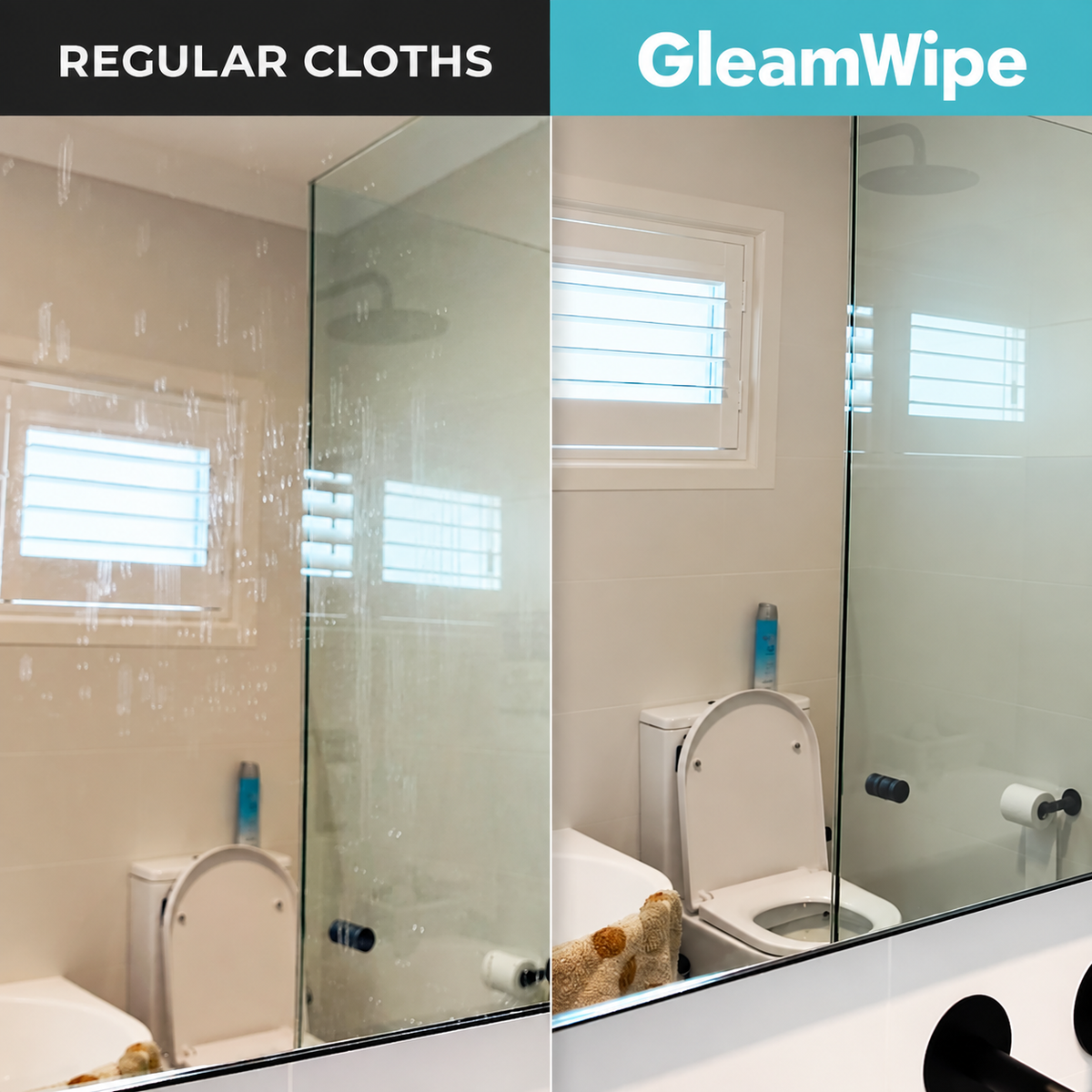 Shower glass wiped with GleamWipe next to glass wiped with a regular cloth