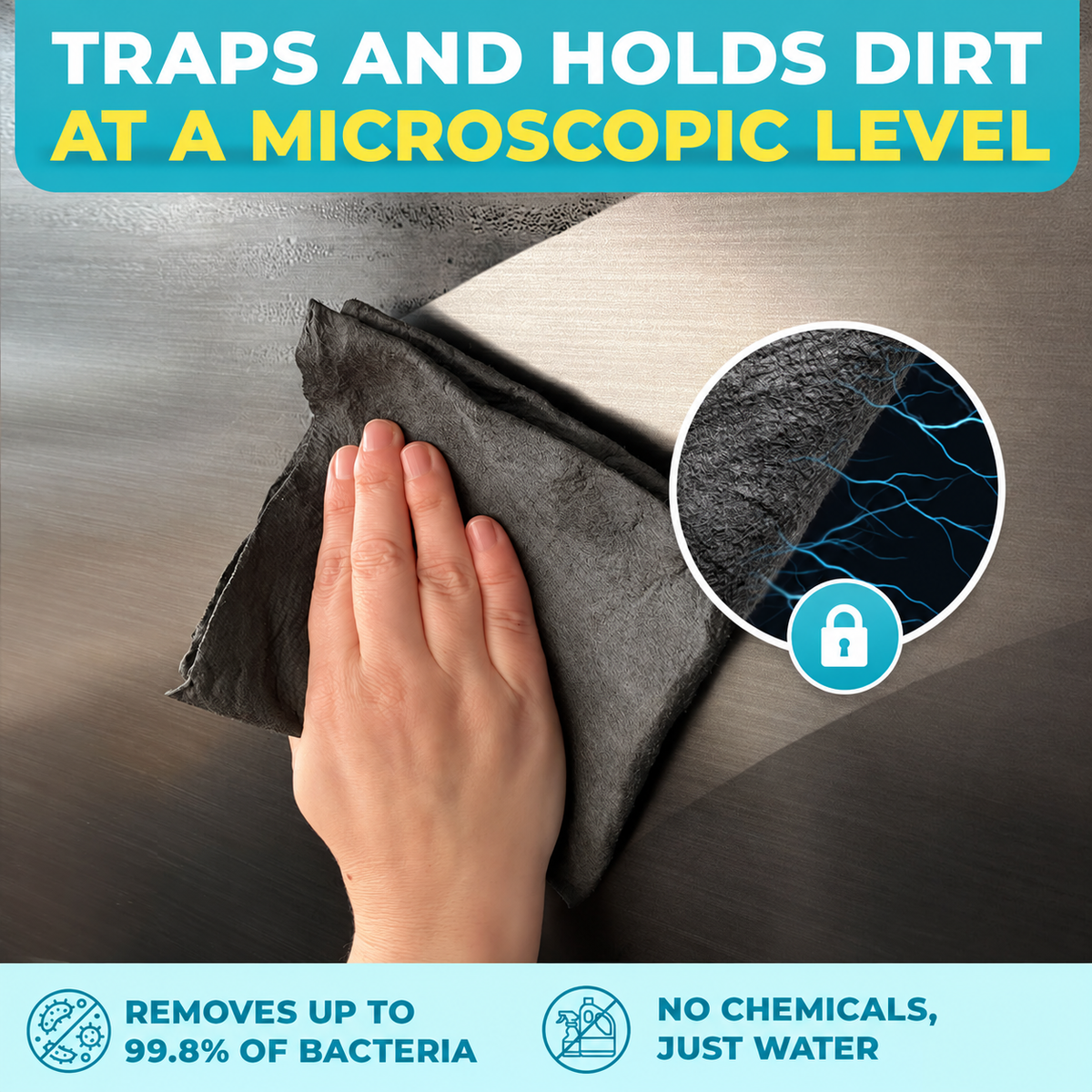 GleamWipe microfiber trapping dirt at a microscopic level